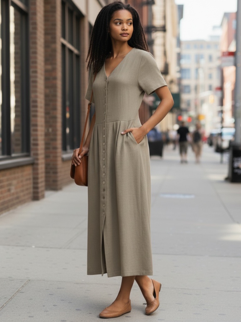 Orvis Natural Beige Button-Down Midi Dress